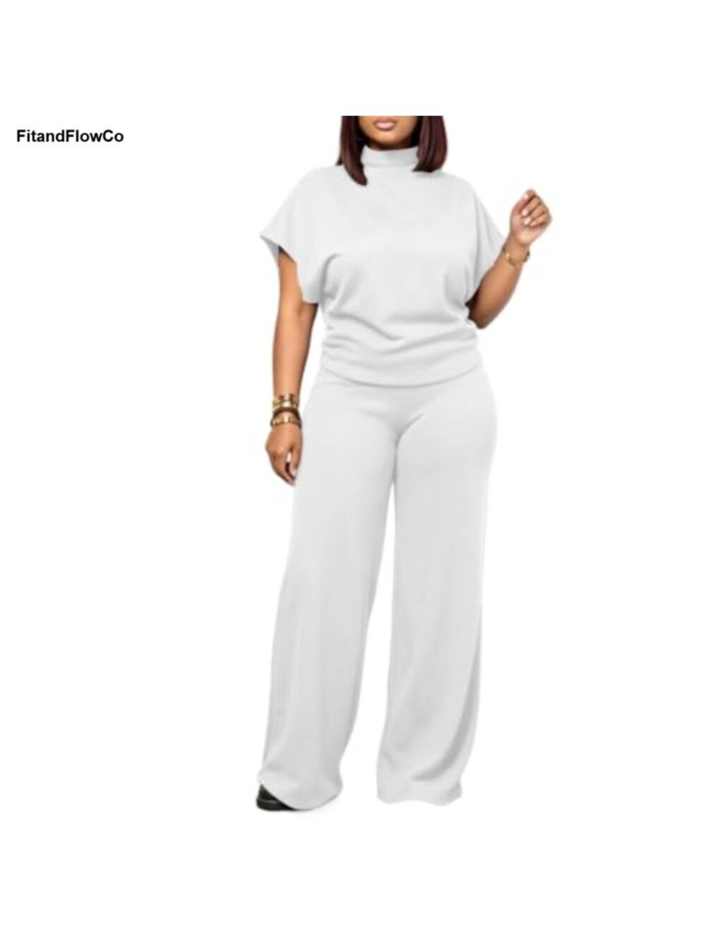 Fleece Lined Mock Neck Batwing Top & Wide Leg Pants Set